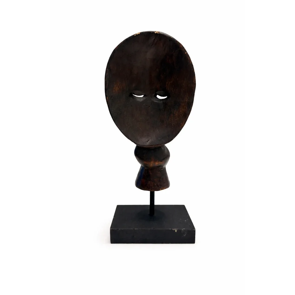 Hand-Carved Wooden “Shh” Mask Sculpture on Stand – African Style Art Decor